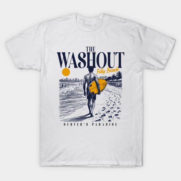 Vintage Surfing The Washout at Folly Beach, South Carolina // Retro Surfer Sketch // Surfer's Paradise T-Shirt by Now Boarding